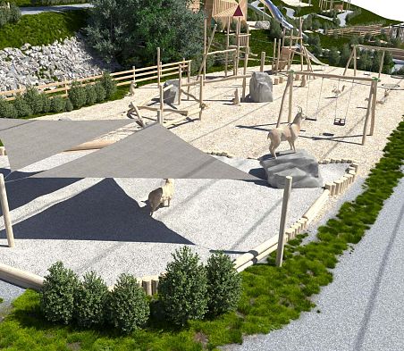 Eine Visualisierung des Kleinkinderspielplatzs mit verschiedenen Spielgeräten im Funspace Flachau.