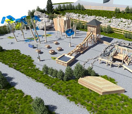 Eine Visualisierung des Wasserspielplatzs mit verschiedenen Wasserstationen im Funspace Flachau.