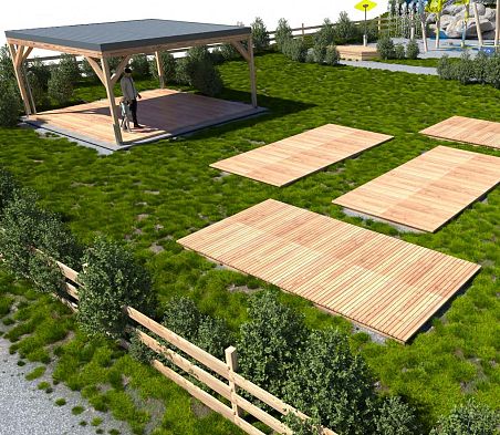 Eine Visualisierung der Bühne aus Holz im Funspace mit der Fläche davor, welche Holzflächen auf einer grünen Wiese zeigt.