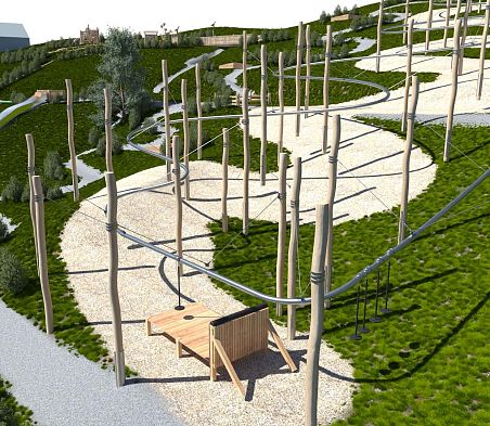 Eine Visualisierung der Fly-Line im Funspace Flachau. Tellersitze sind an Rollwägen befestigt und man sieht viele Holzmäste.