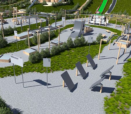 Eine Visualisierung des Ninjaparcours mit verschiedenen Hindernissen im Funspace Flachau.