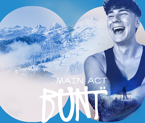Headerbild für das SNOW FESTIVAL Flachau 2026 mit einem Portrait von BUNT. als Main Act. Ergänzt wird der Header durch das Festival-Logo und ein Bild vom Skigebiet Snow Space Salzburg im Hintergrund.