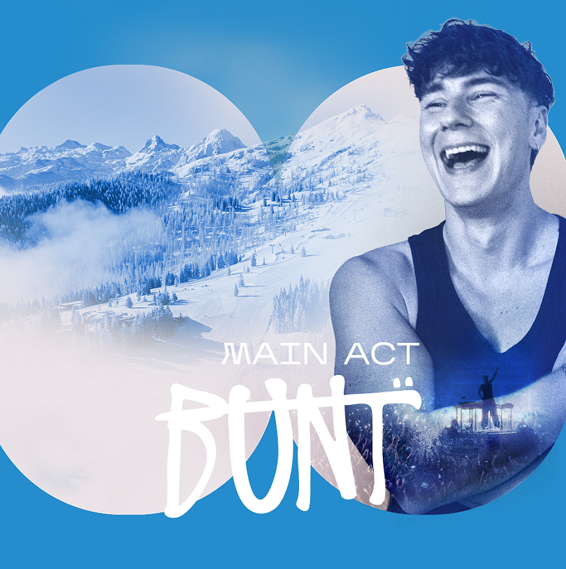 Headerbild für das SNOW FESTIVAL Flachau 2026 mit einem Portrait von BUNT. als Main Act. Ergänzt wird der Header durch das Festival-Logo und ein Bild vom Skigebiet Snow Space Salzburg im Hintergrund.