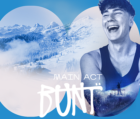 Headerbild für das SNOW FESTIVAL Flachau 2026 mit einem Portrait von BUNT. als Main Act. Ergänzt wird der Header durch das Festival-Logo und ein Bild vom Skigebiet Snow Space Salzburg im Hintergrund.