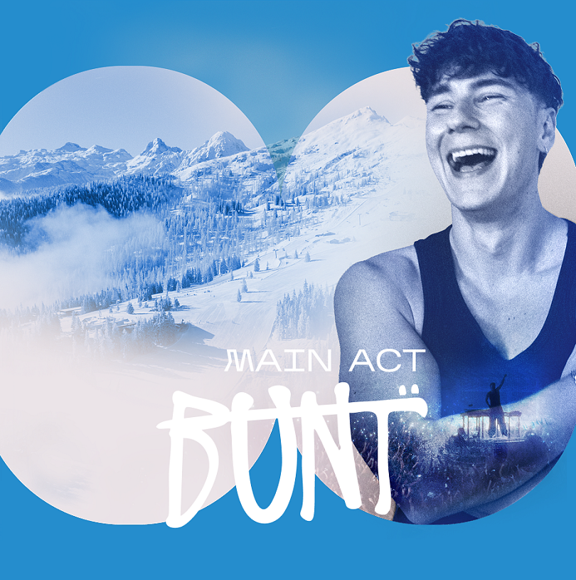 Headerbild für das SNOW FESTIVAL Flachau 2026 mit einem Portrait von BUNT. als Main Act. Ergänzt wird der Header durch das Festival-Logo und ein Bild vom Skigebiet Snow Space Salzburg im Hintergrund.