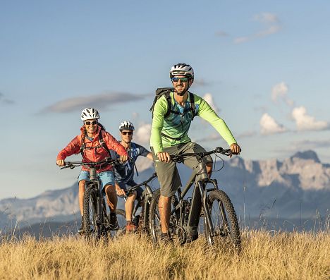 Mountainbiker fahren über ein Almgebiet mit weitem Blick auf die imposanten Berge m Salzburger Land.